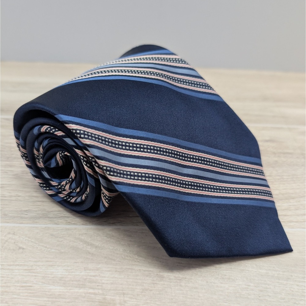 Vintage Meeting Street Silk Tie Handmade Navy Blue Stripe 59.5x3.75